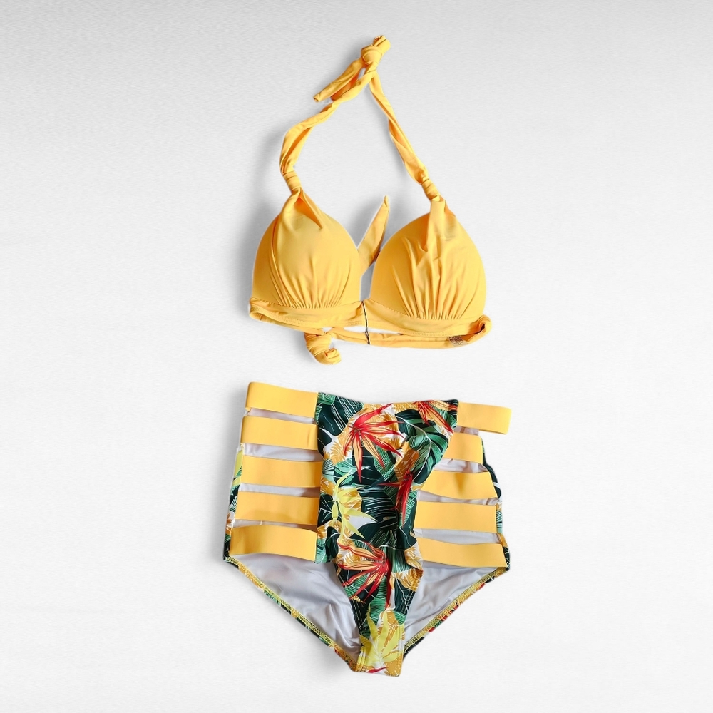 Sporlike Women's High Waisted Swimsuit Push Up Tropical 2 Piece Bikini Medium